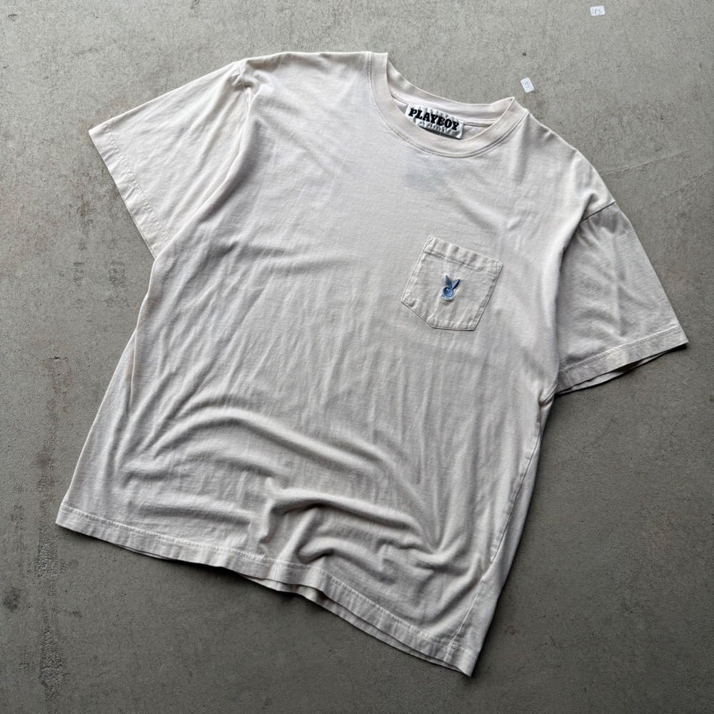 Y2K Mens Playboy by PacSun Embroidered Pocket T-Shirt Cream Streetwear Large - Picture 1 of 7